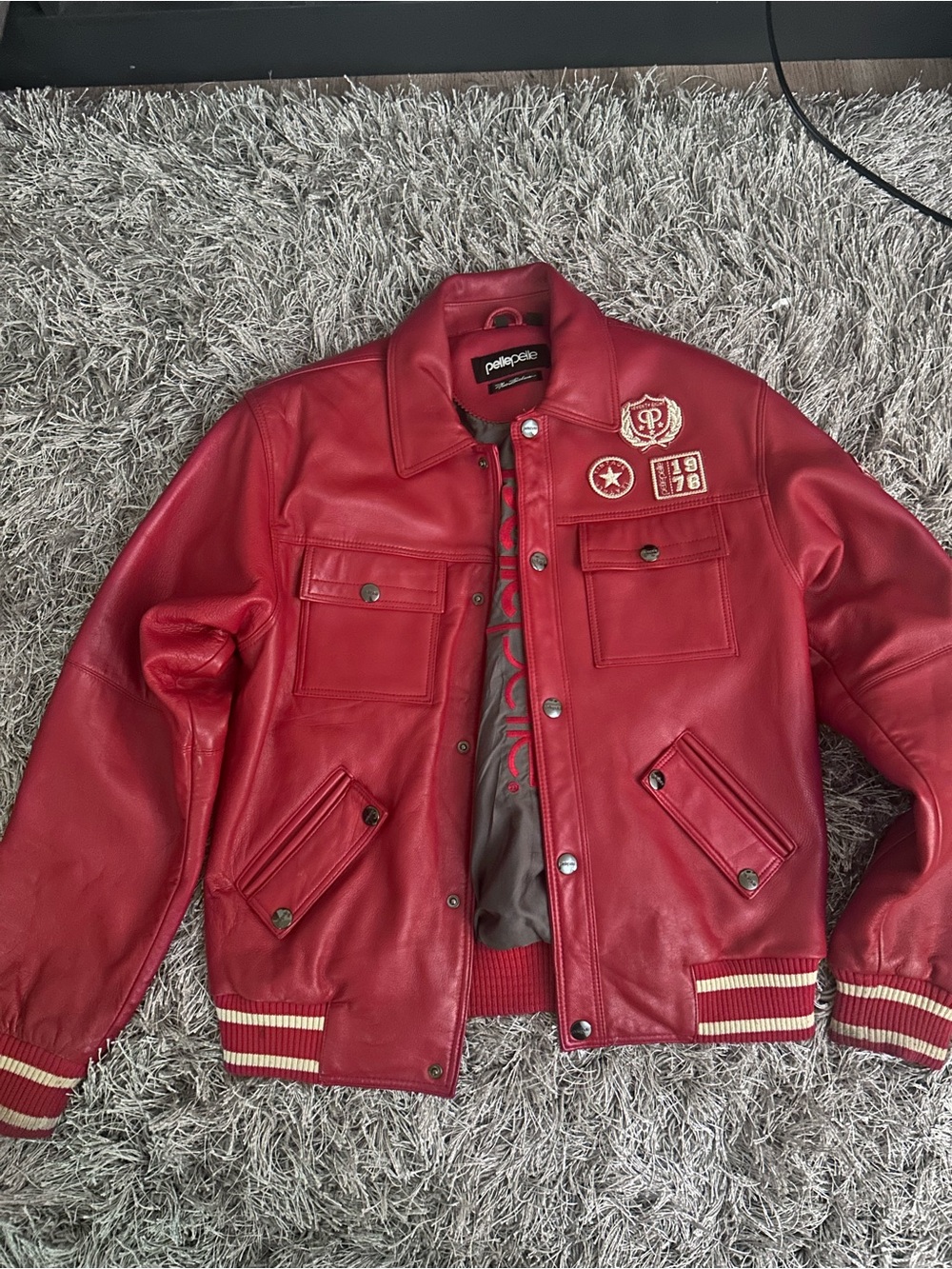 Pelle Pelle Red Leather Bomber Jacket with Patch Accents